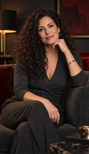 Warm brunette mature woman in a charcoal outfit