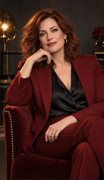Confident red-haired mature woman in an elegant red suit